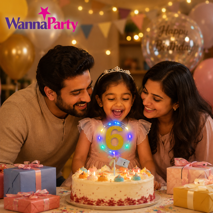 Round Light Up Golden Number 6 LED Cake Topper | Golden Glitter Number with built in light string & Bow | Cake Decoration Kit - 1PC