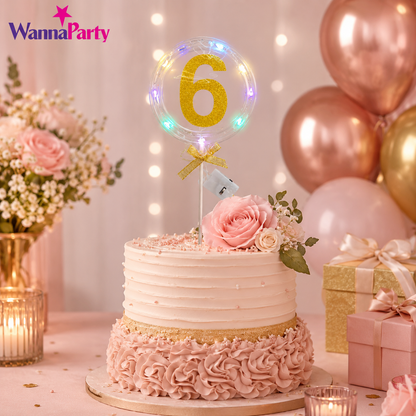 Round Light Up Golden Number 6 LED Cake Topper | Golden Glitter Number with built in light string & Bow | Cake Decoration Kit - 1PC