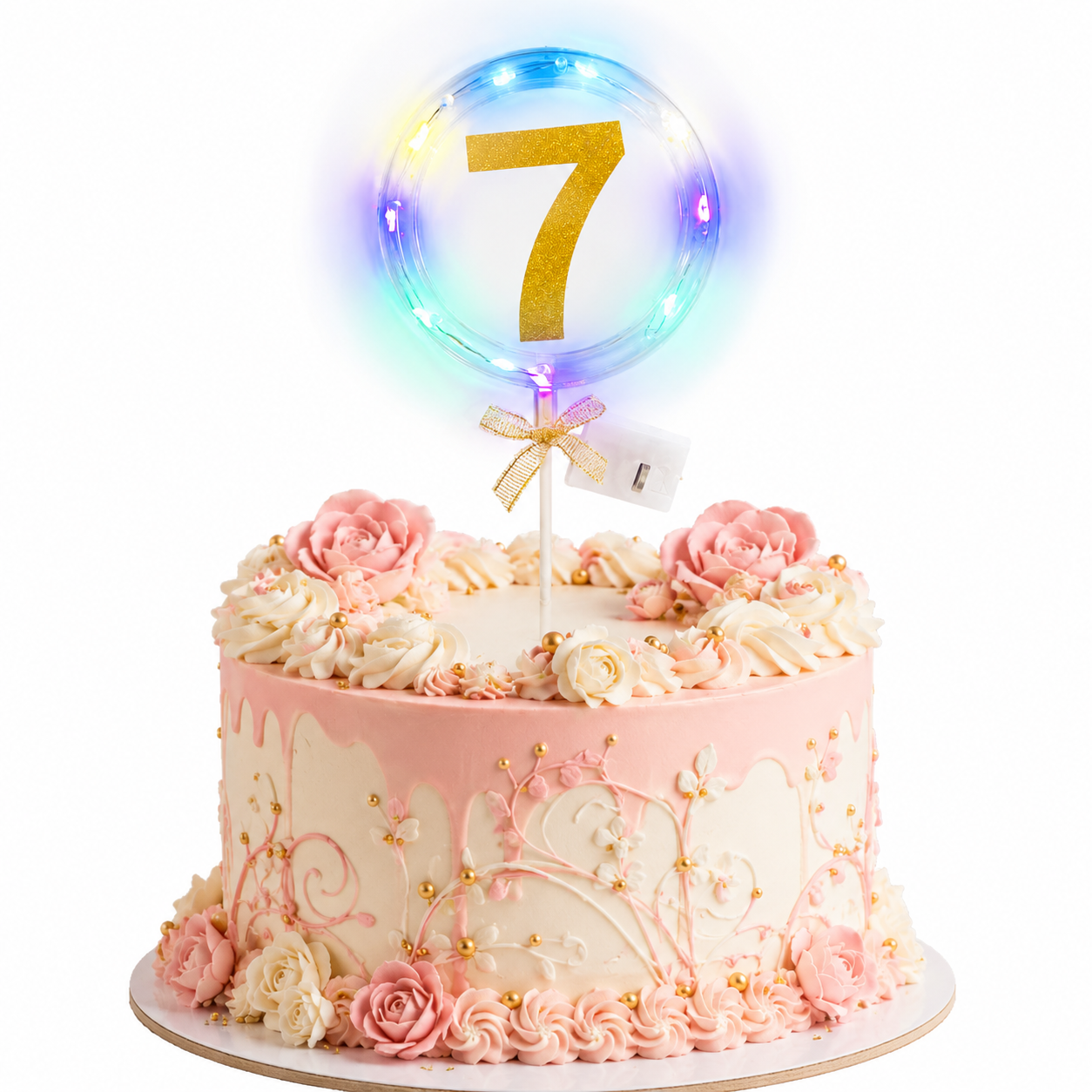 Round Light Up Golden Number 7 LED Cake Topper | Golden Glitter Number with built in light string & Bow | Cake Decoration Kit - 1PC