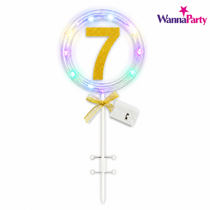 Round Light Up Golden Number 7 LED Cake Topper | Golden Glitter Number with built in light string & Bow | Cake Decoration Kit - 1PC
