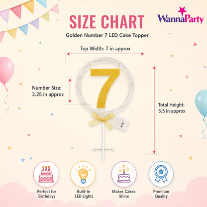Round Light Up Golden Number 7 LED Cake Topper | Golden Glitter Number with built in light string & Bow | Cake Decoration Kit - 1PC