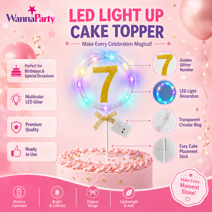 Round Light Up Golden Number 7 LED Cake Topper | Golden Glitter Number with built in light string & Bow | Cake Decoration Kit - 1PC