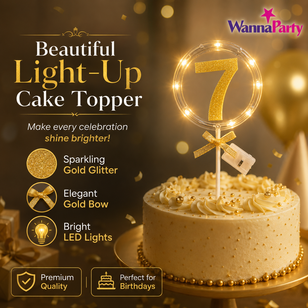 Round Light Up Golden Number 7 LED Cake Topper | Golden Glitter Number with built in light string & Bow | Cake Decoration Kit - 1PC