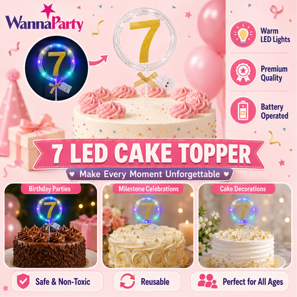 Round Light Up Golden Number 7 LED Cake Topper | Golden Glitter Number with built in light string & Bow | Cake Decoration Kit - 1PC