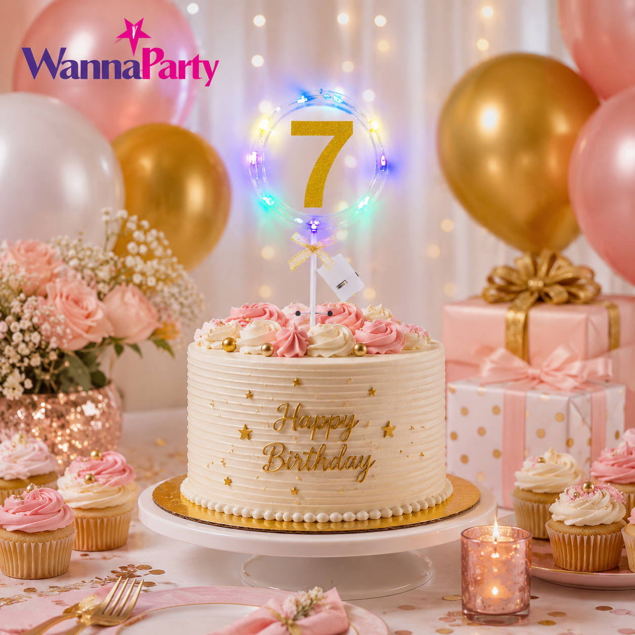 Round Light Up Golden Number 7 LED Cake Topper | Golden Glitter Number with built in light string & Bow | Cake Decoration Kit - 1PC
