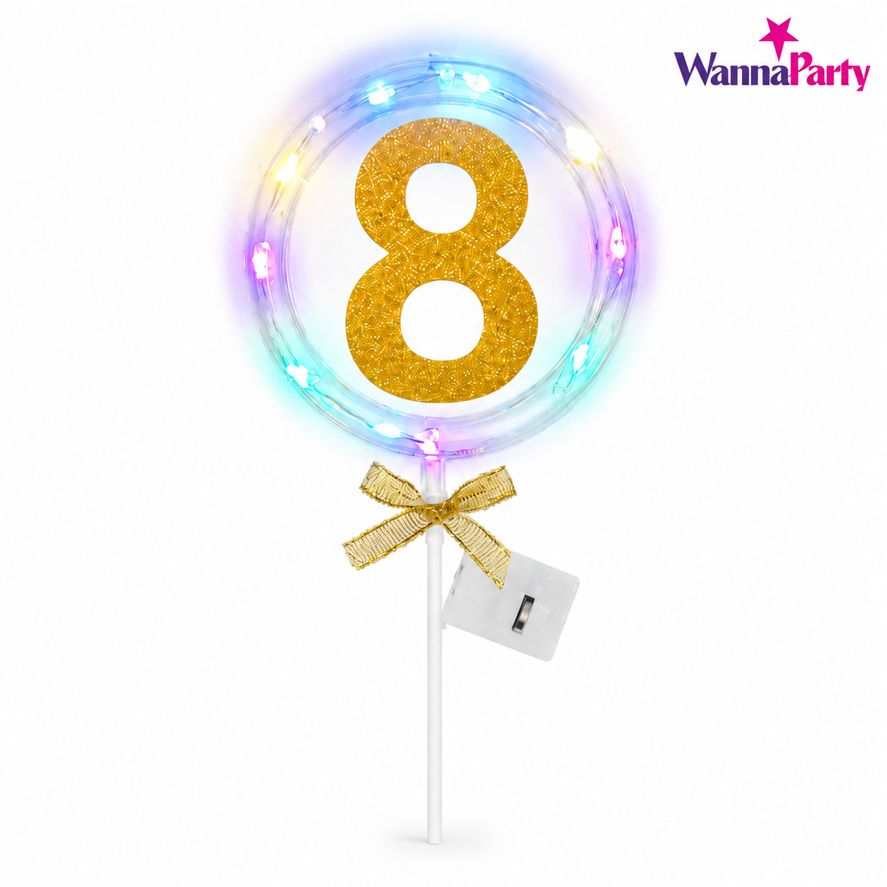 Round Light Up Golden Number 8 LED Cake Topper | Golden Glitter Number with built in light string & Bow | Cake Decoration Kit - 1PC