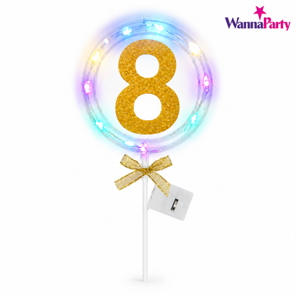 Round Light Up Golden Number 8 LED Cake Topper | Golden Glitter Number with built in light string & Bow | Cake Decoration Kit - 1PC