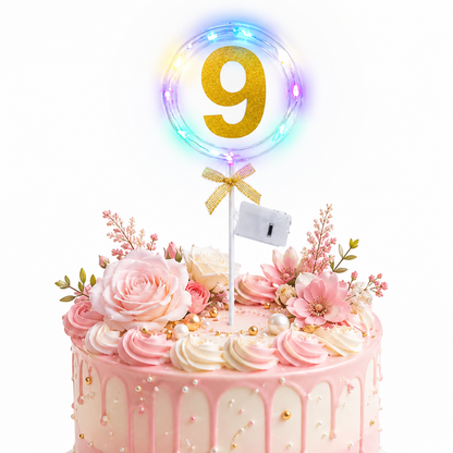 Round Light Up Golden Number 9 LED Cake Topper | Golden Glitter Number with built in light string & Bow | Cake Decoration Kit - 1PC