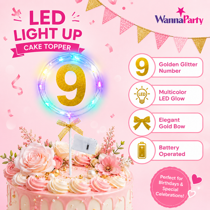 Round Light Up Golden Number 9 LED Cake Topper | Golden Glitter Number with built in light string & Bow | Cake Decoration Kit - 1PC