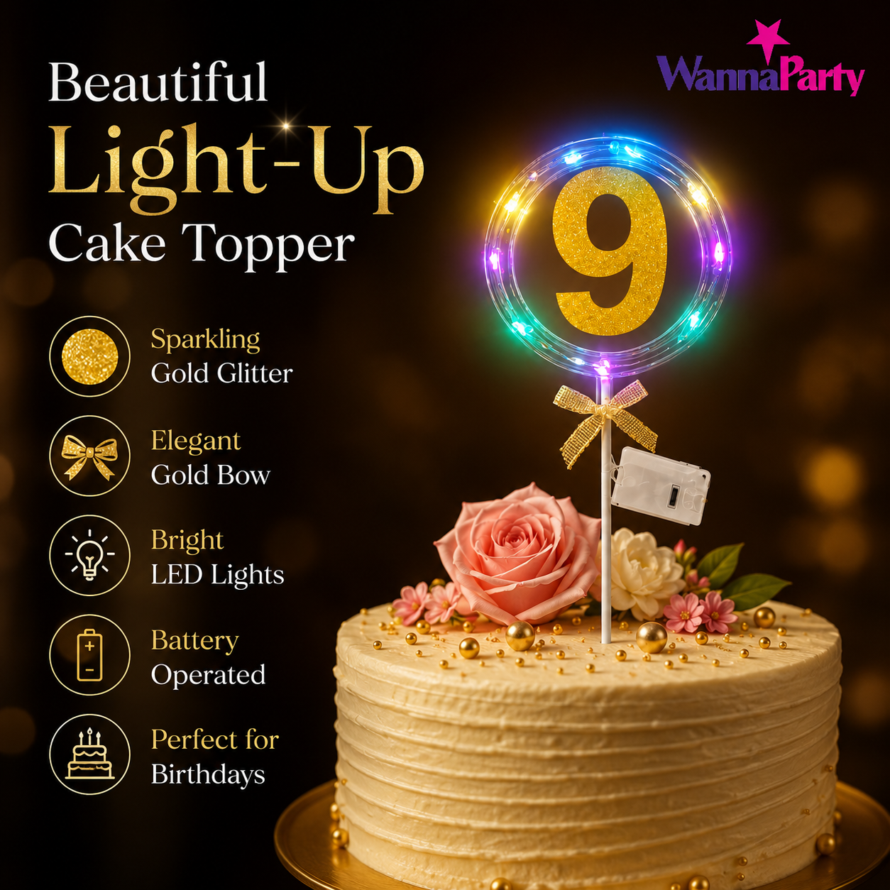Round Light Up Golden Number 9 LED Cake Topper | Golden Glitter Number with built in light string & Bow | Cake Decoration Kit - 1PC