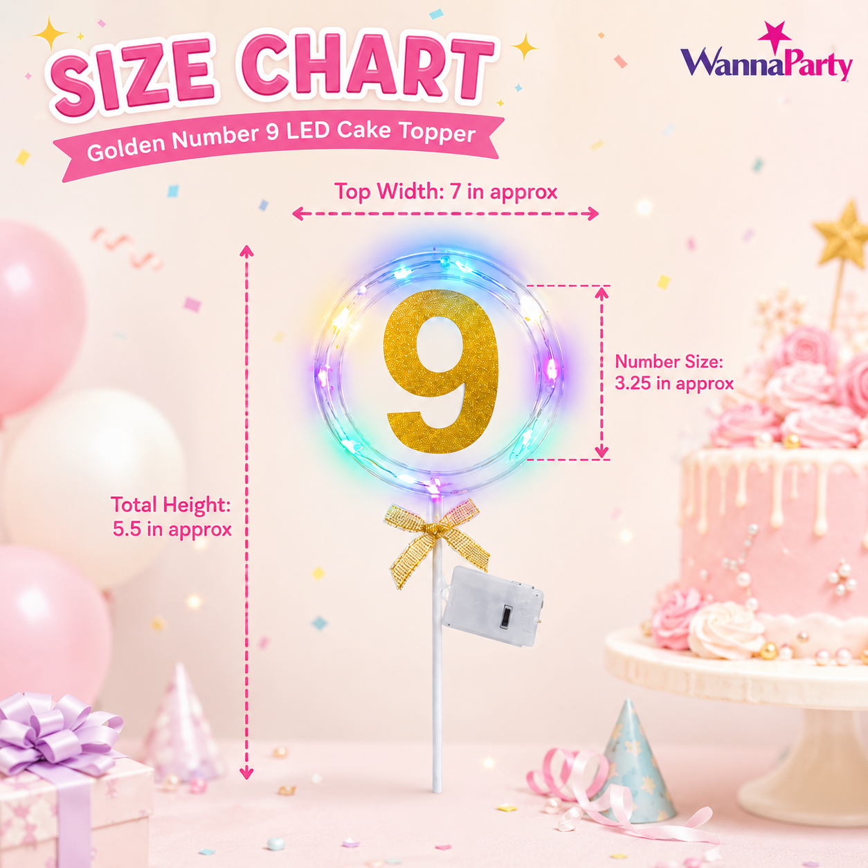 Round Light Up Golden Number 9 LED Cake Topper | Golden Glitter Number with built in light string & Bow | Cake Decoration Kit - 1PC