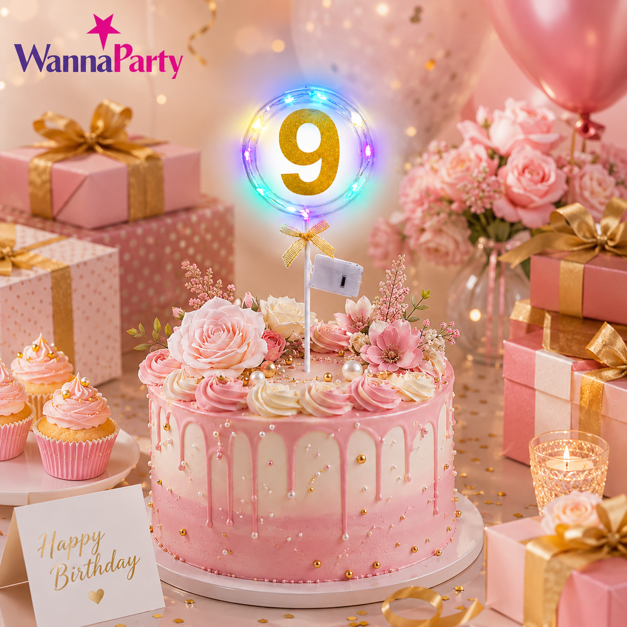 Round Light Up Golden Number 9 LED Cake Topper | Golden Glitter Number with built in light string & Bow | Cake Decoration Kit - 1PC