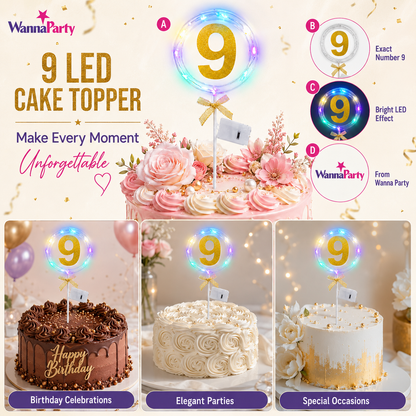 Round Light Up Golden Number 9 LED Cake Topper | Golden Glitter Number with built in light string & Bow | Cake Decoration Kit - 1PC