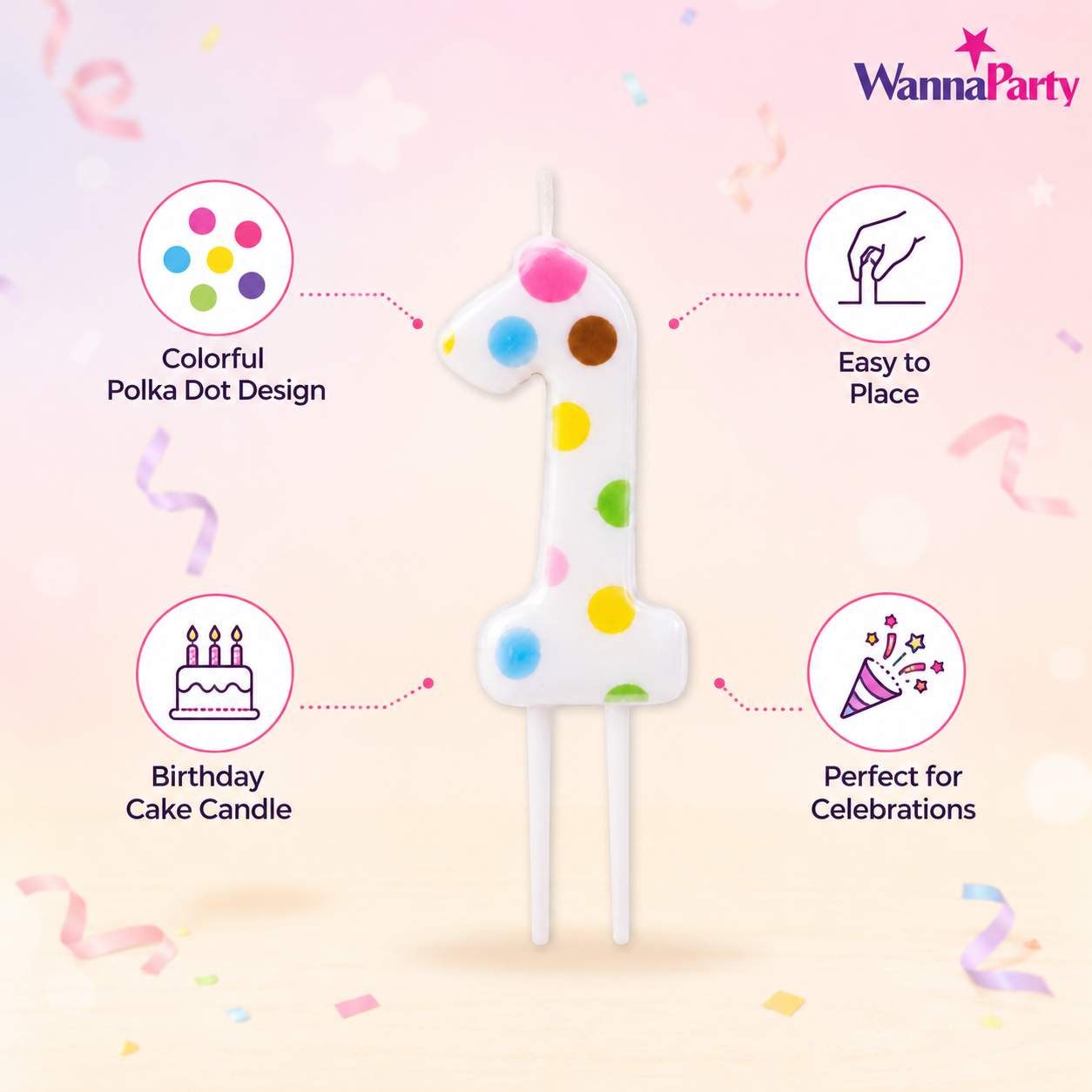 White Pastel Polka Dot Birthday Candle Number 1 | Numerical Candles for Cake Cutting - 1PC