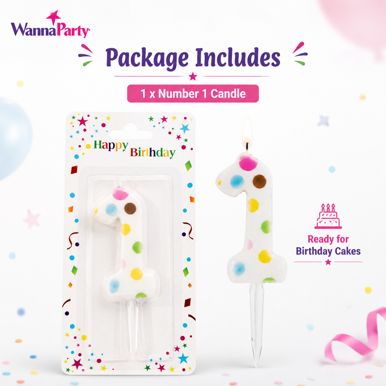 White Pastel Polka Dot Birthday Candle Number 1 | Numerical Candles for Cake Cutting - 1PC