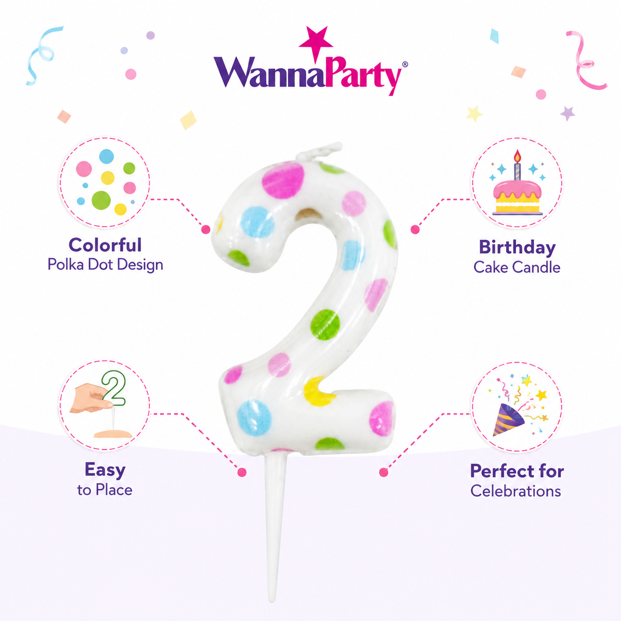 White Pastel Polka Dot Birthday Candle Number 2 | Numerical Candles for Cake Cutting - 1PC