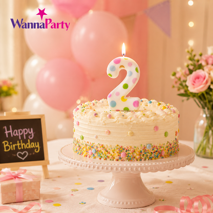 White Pastel Polka Dot Birthday Candle Number 2 | Numerical Candles for Cake Cutting - 1PC