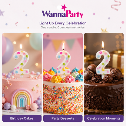 White Pastel Polka Dot Birthday Candle Number 2 | Numerical Candles for Cake Cutting - 1PC