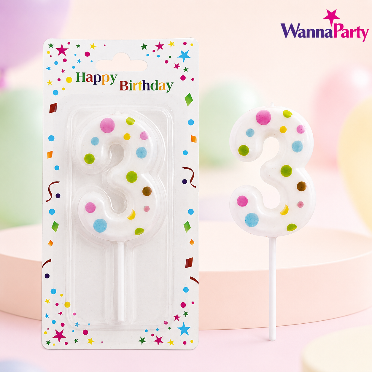 White Pastel Polka Dot Birthday Candle Number 3 | Numerical Candles for Cake Cutting - 1PC