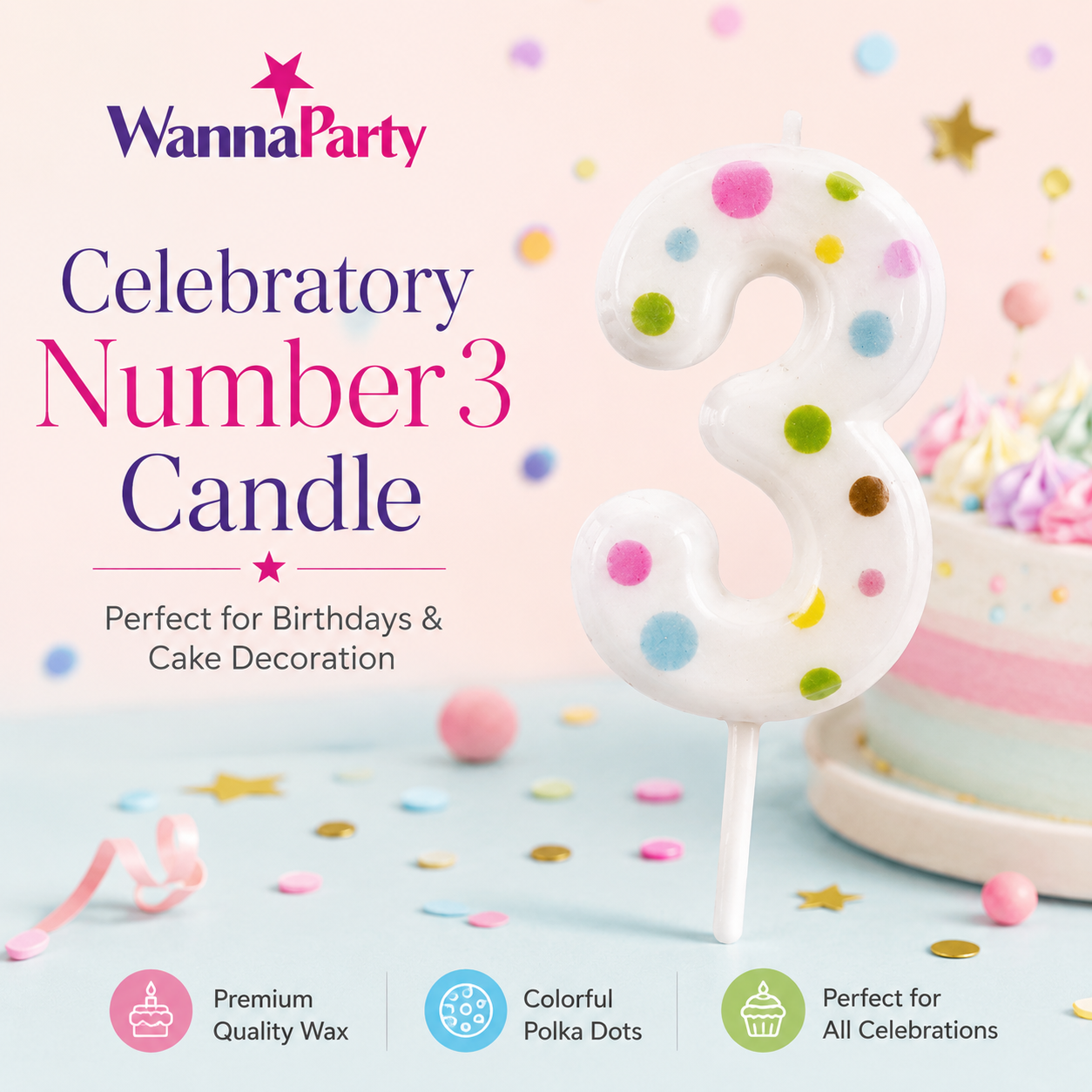 White Pastel Polka Dot Birthday Candle Number 3 | Numerical Candles for Cake Cutting - 1PC