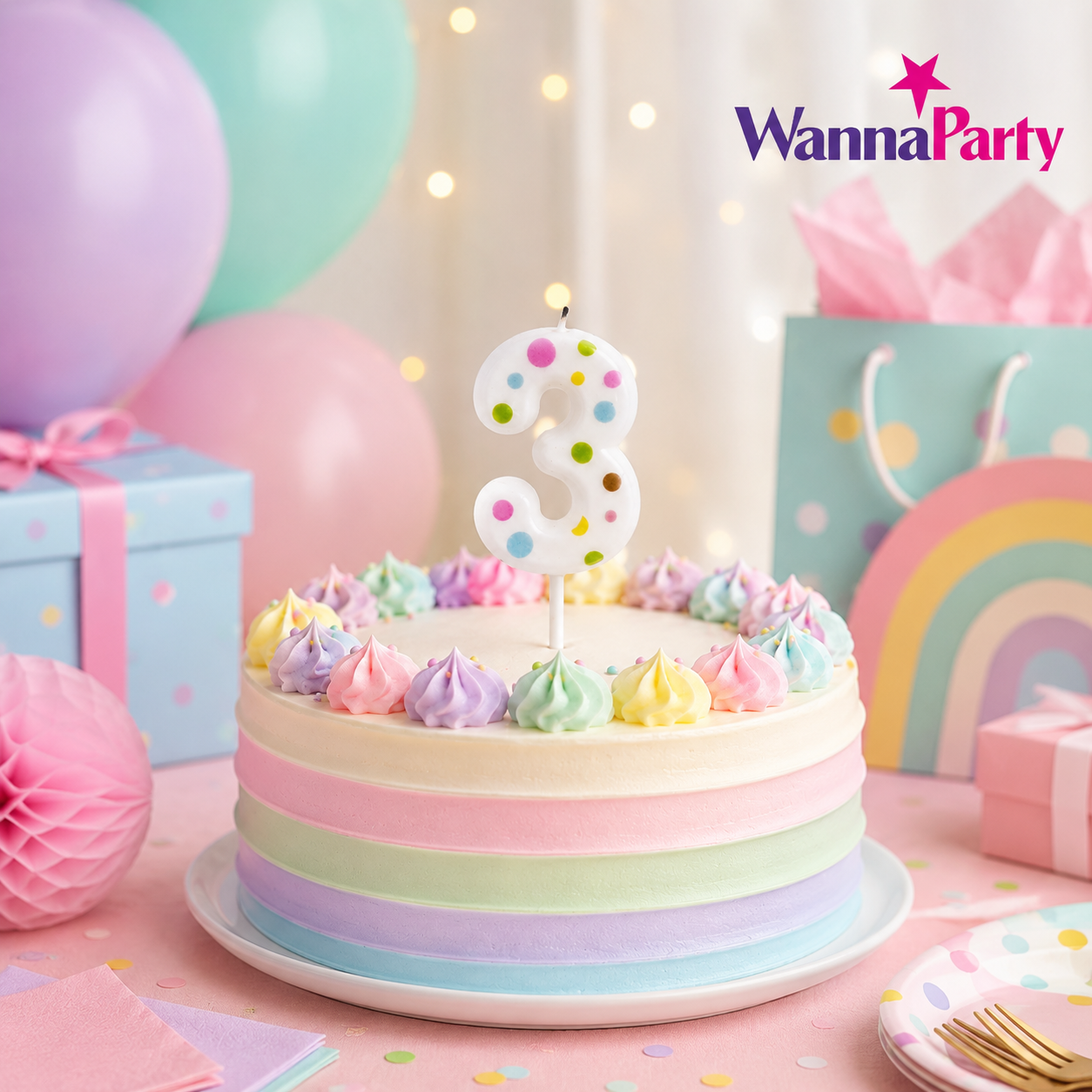 White Pastel Polka Dot Birthday Candle Number 3 | Numerical Candles for Cake Cutting - 1PC