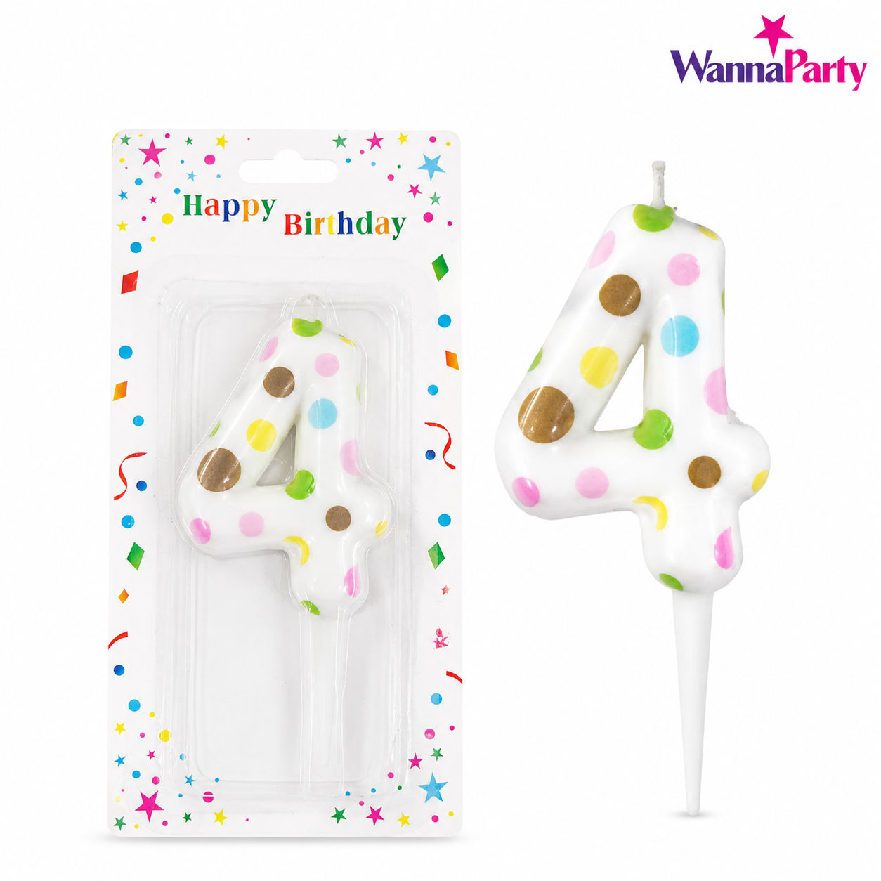 White Pastel Polka Dot Birthday Candle Number 4 | Numerical Candles for Cake Cutting - 1PC