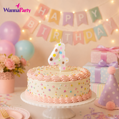 White Pastel Polka Dot Birthday Candle Number 4 | Numerical Candles for Cake Cutting - 1PC