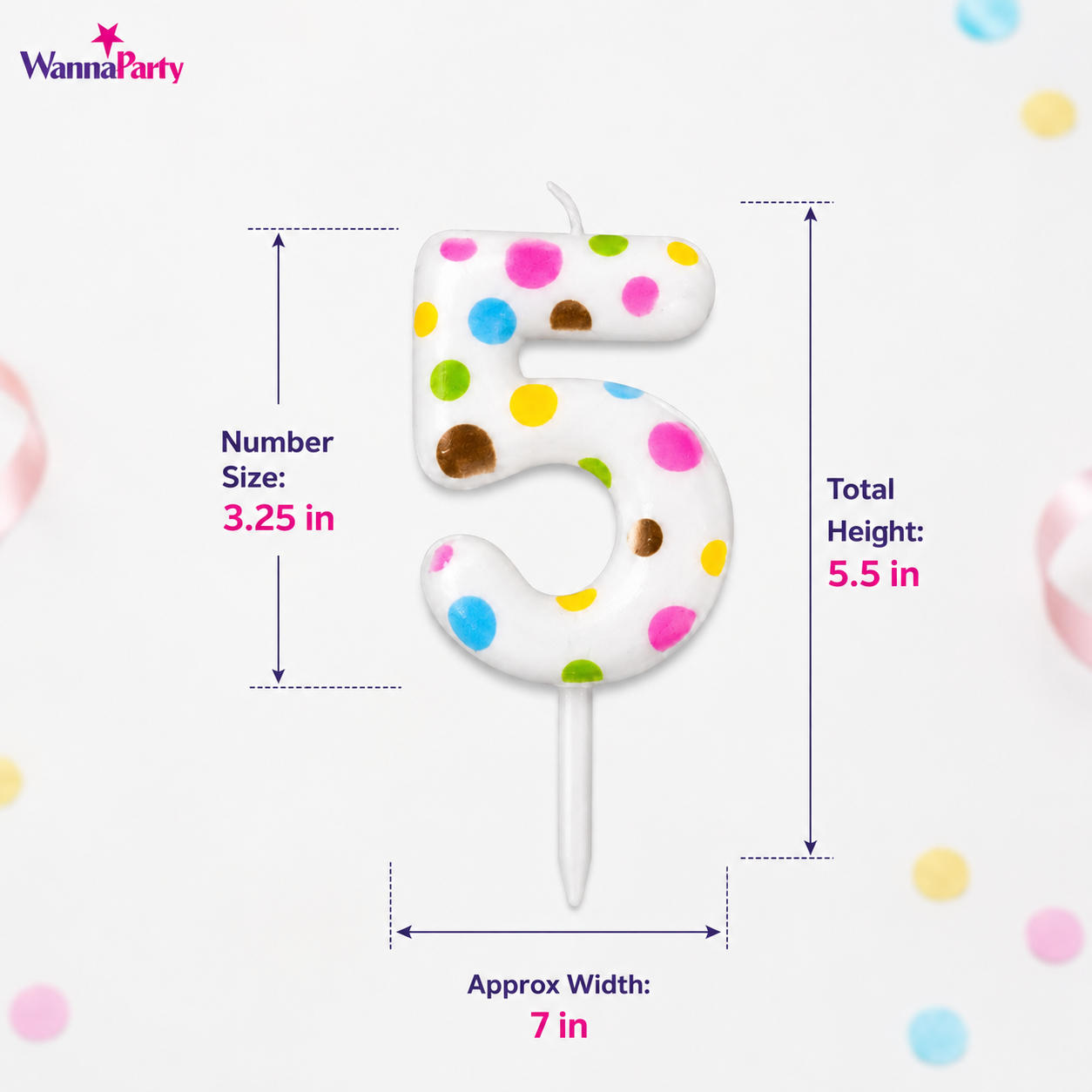 White Pastel Polka Dot Birthday Candle Number 5 | Numerical Candles for Cake Cutting - 1PC