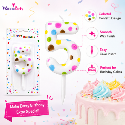 White Pastel Polka Dot Birthday Candle Number 5 | Numerical Candles for Cake Cutting - 1PC