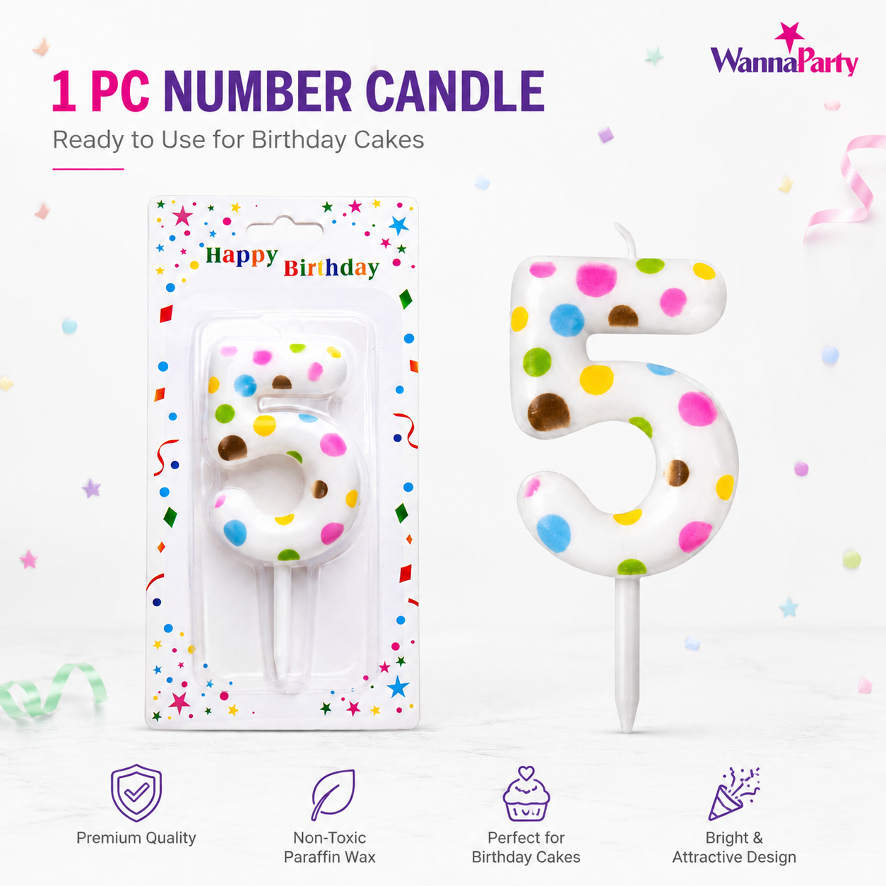 White Pastel Polka Dot Birthday Candle Number 5 | Numerical Candles for Cake Cutting - 1PC