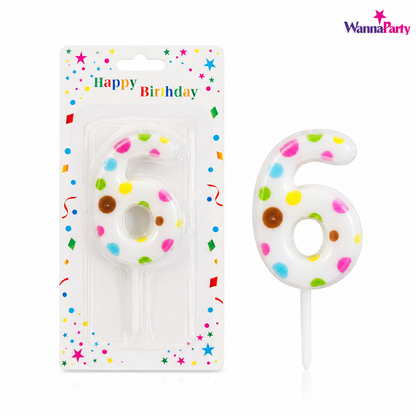 White Pastel Polka Dot Birthday Candle Number 6 | Numerical Candles for Cake Cutting - 1PC