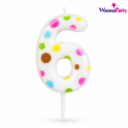 White Pastel Polka Dot Birthday Candle Number 6 | Numerical Candles for Cake Cutting - 1PC