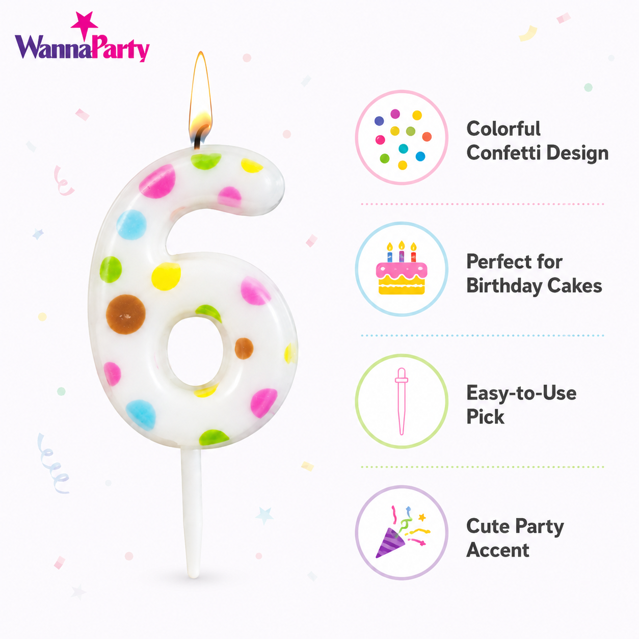 White Pastel Polka Dot Birthday Candle Number 6 | Numerical Candles for Cake Cutting - 1PC