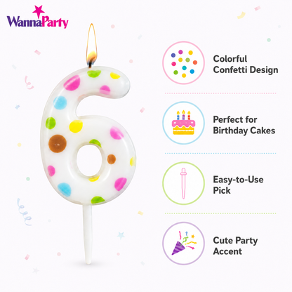 White Pastel Polka Dot Birthday Candle Number 6 | Numerical Candles for Cake Cutting - 1PC