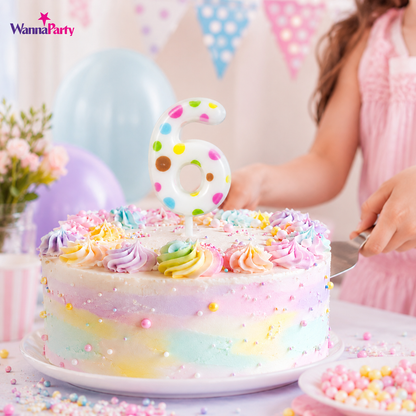 White Pastel Polka Dot Birthday Candle Number 6 | Numerical Candles for Cake Cutting - 1PC