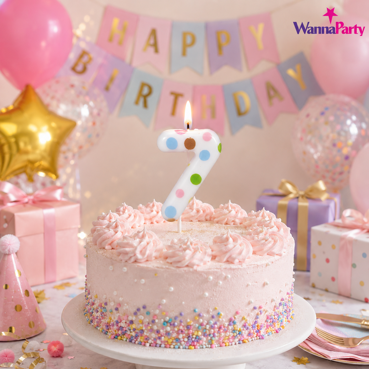 White Pastel Polka Dot Birthday Candle Number 7 | Numerical Candles for Cake Cutting - 1PC