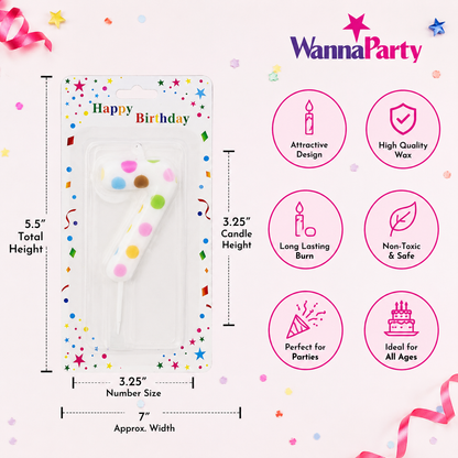 White Pastel Polka Dot Birthday Candle Number 7 | Numerical Candles for Cake Cutting - 1PC