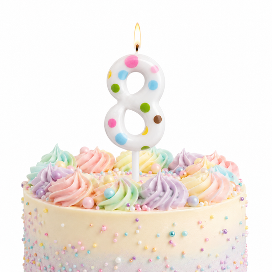 White Pastel Polka Dot Birthday Candle Number 8 | Numerical Candles for Cake Cutting - 1PC
