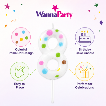 White Pastel Polka Dot Birthday Candle Number 8 | Numerical Candles for Cake Cutting - 1PC