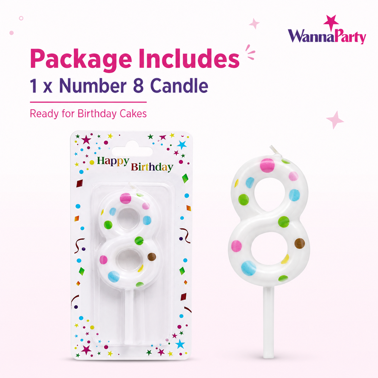 White Pastel Polka Dot Birthday Candle Number 8 | Numerical Candles for Cake Cutting - 1PC