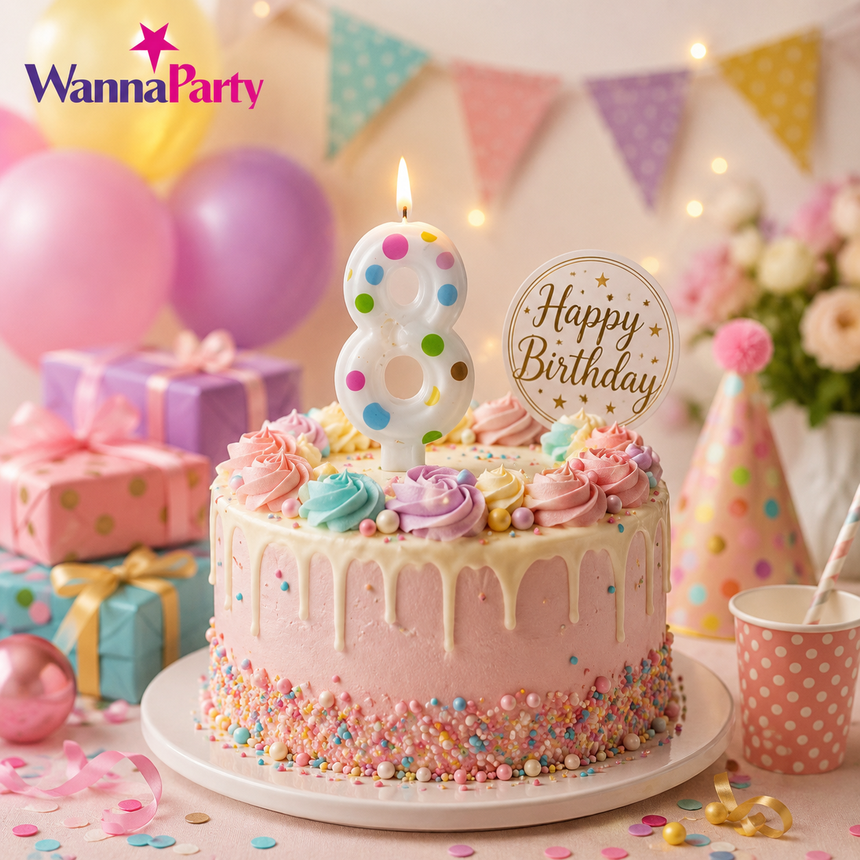 White Pastel Polka Dot Birthday Candle Number 8 | Numerical Candles for Cake Cutting - 1PC