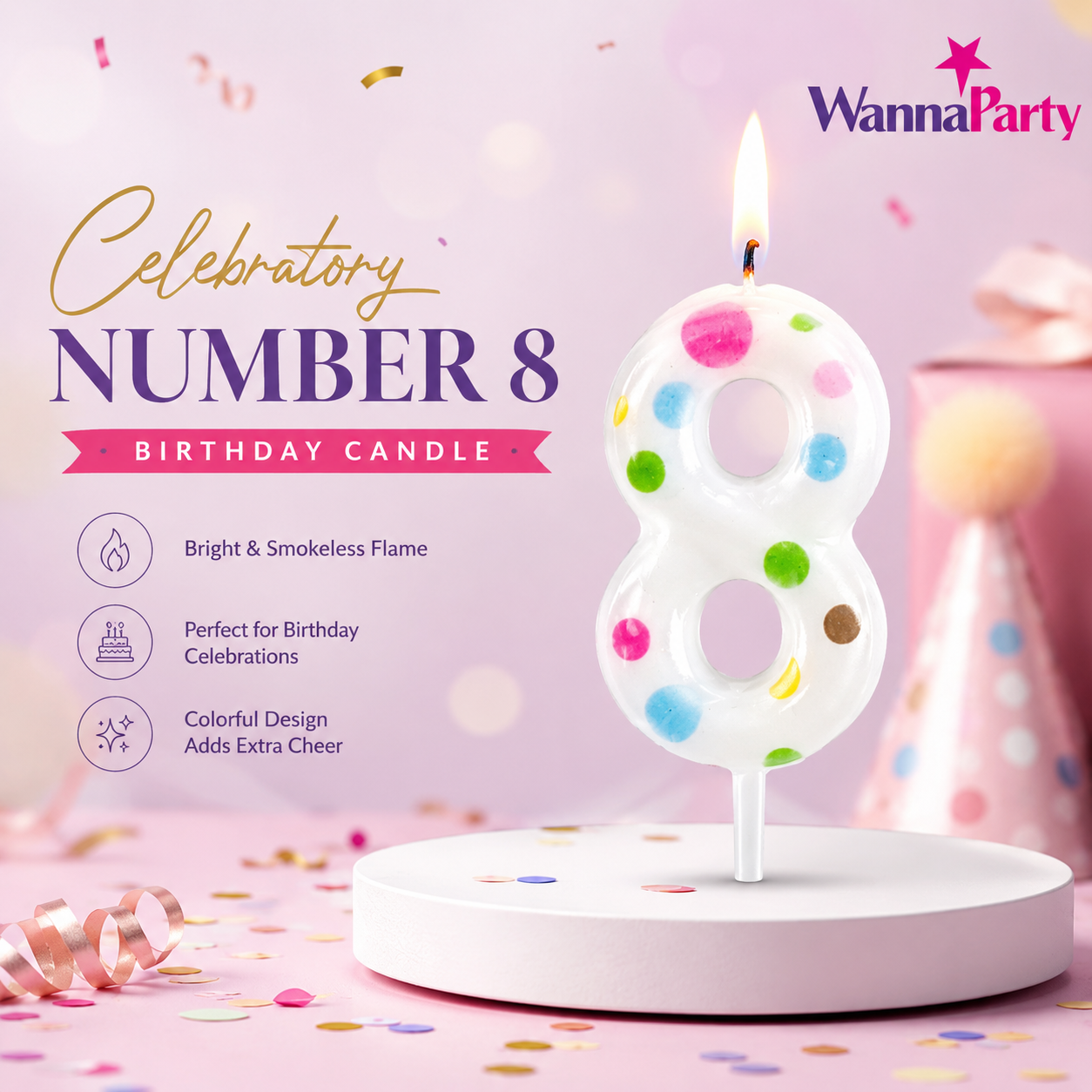 White Pastel Polka Dot Birthday Candle Number 8 | Numerical Candles for Cake Cutting - 1PC