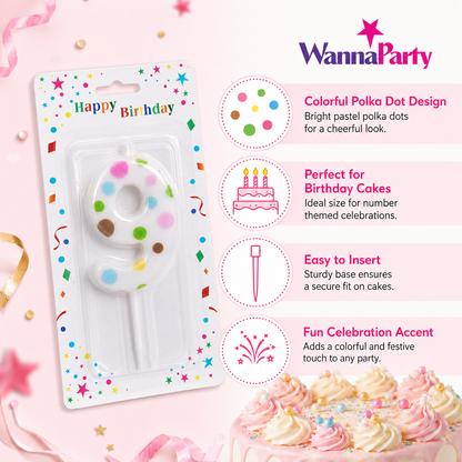 White Pastel Polka Dot Birthday Candle Number 9 | Numerical Candles for Cake Cutting - 1PC