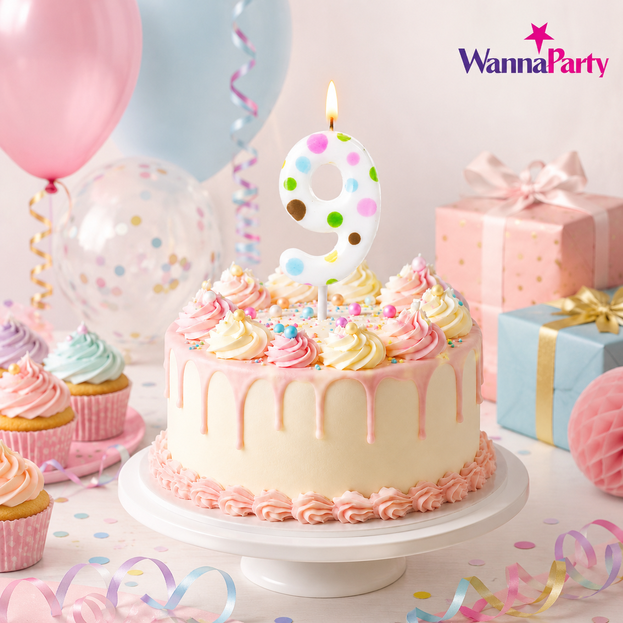 White Pastel Polka Dot Birthday Candle Number 9 | Numerical Candles for Cake Cutting - 1PC
