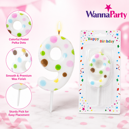 White Pastel Polka Dot Birthday Candle Number 9 | Numerical Candles for Cake Cutting - 1PC