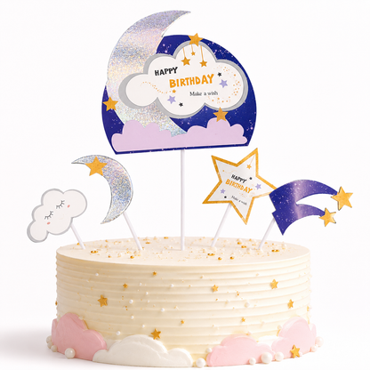 Glitter Blue Moon and Stars Cake Topper - 5PC