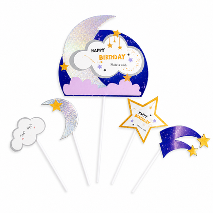 Glitter Blue Moon and Stars Cake Topper - 5PC