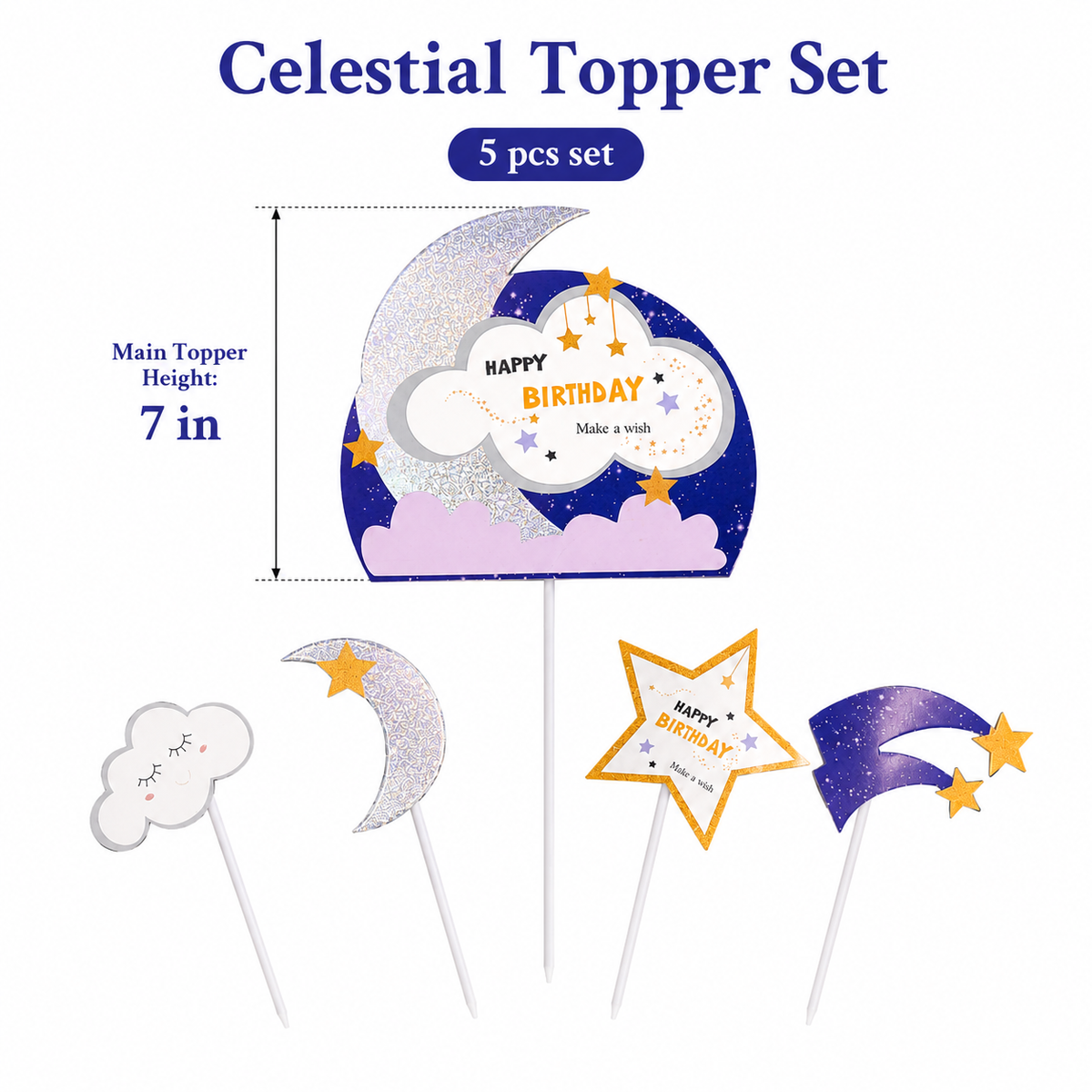 Glitter Blue Moon and Stars Cake Topper - 5PC