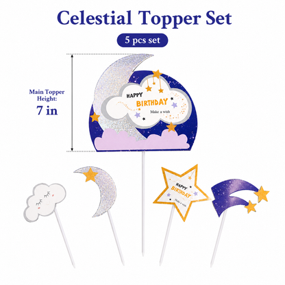 Glitter Blue Moon and Stars Cake Topper - 5PC