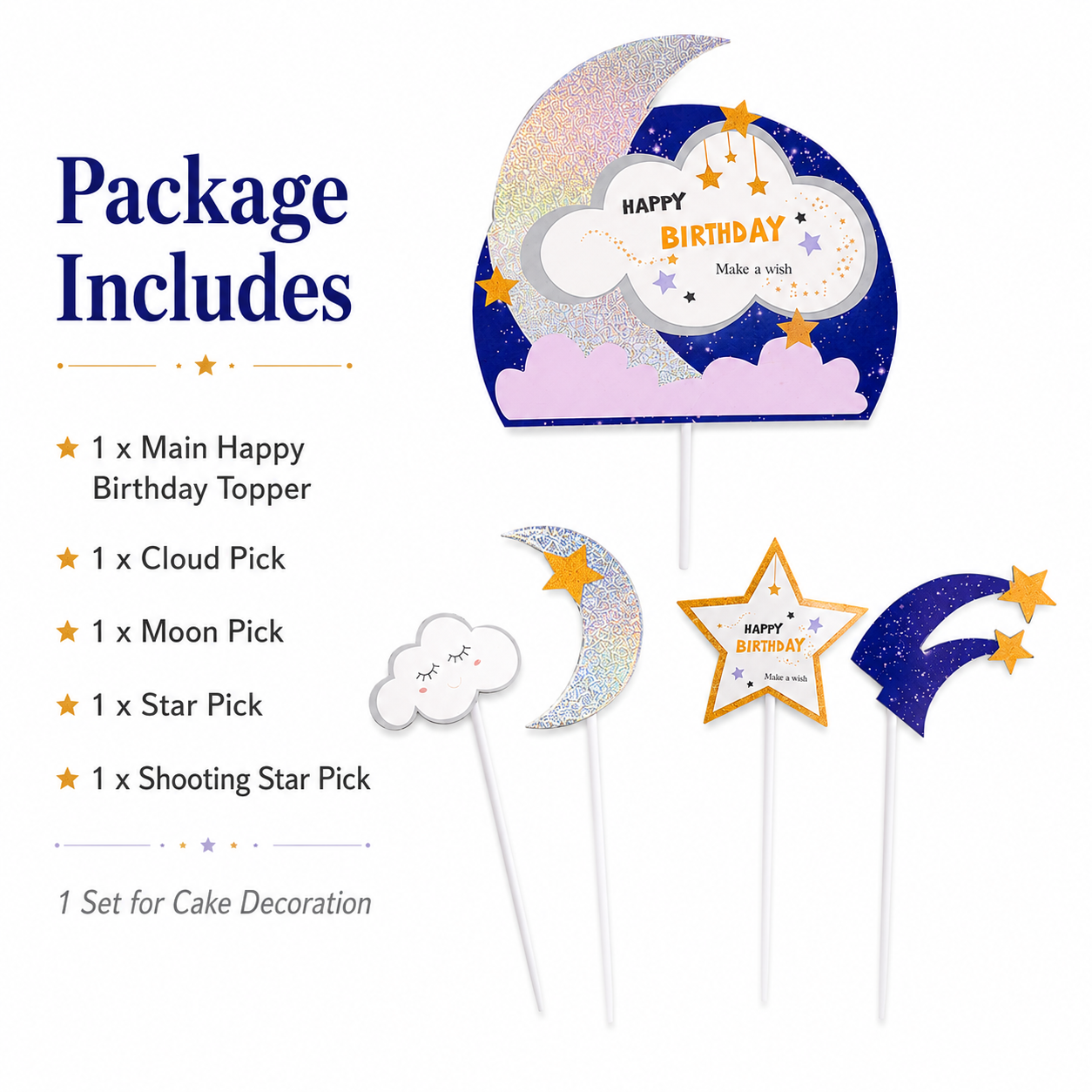 Glitter Blue Moon and Stars Cake Topper - 5PC